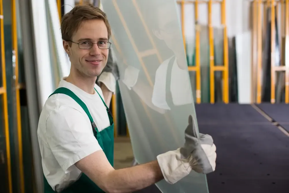 Glaser mit einer mattierten Glasscheibe in der Werkstatt